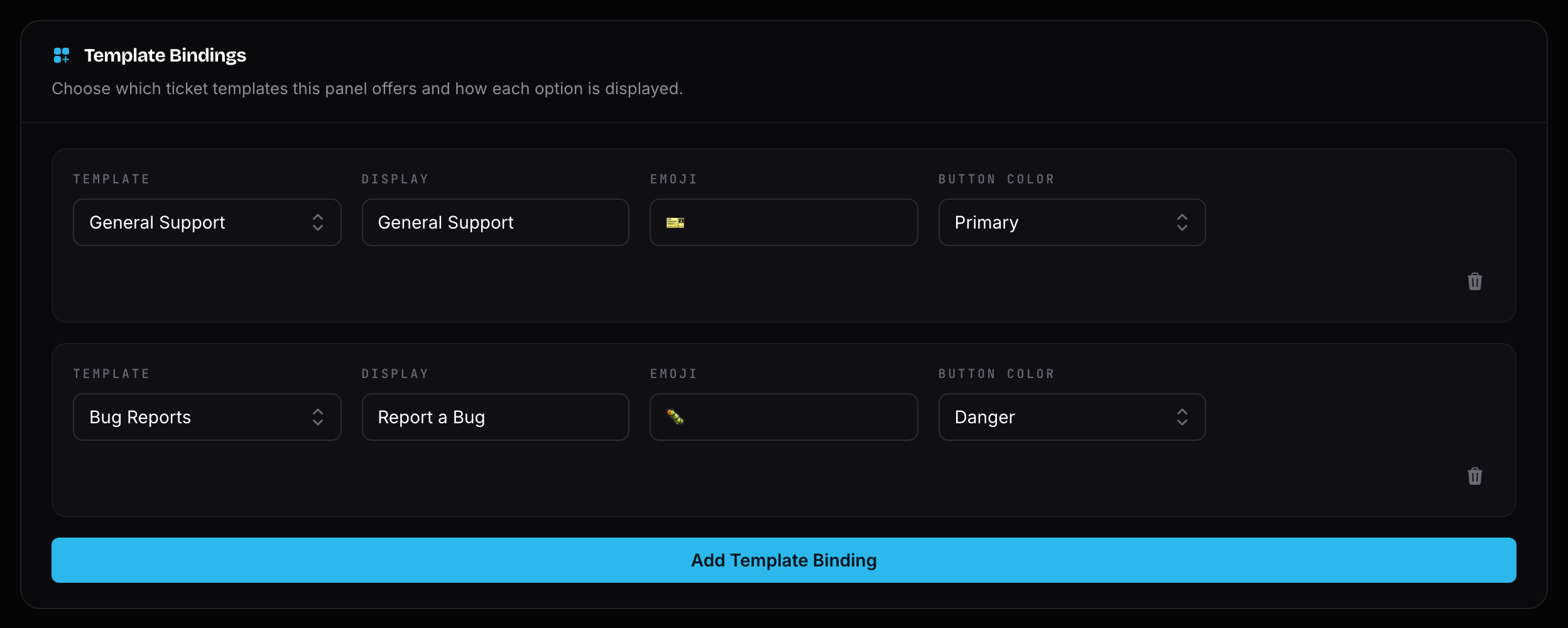 Ticket panel bindings
